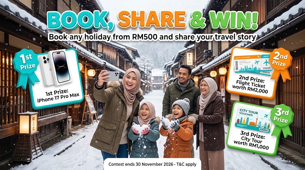 Book, Share & Win contest poster